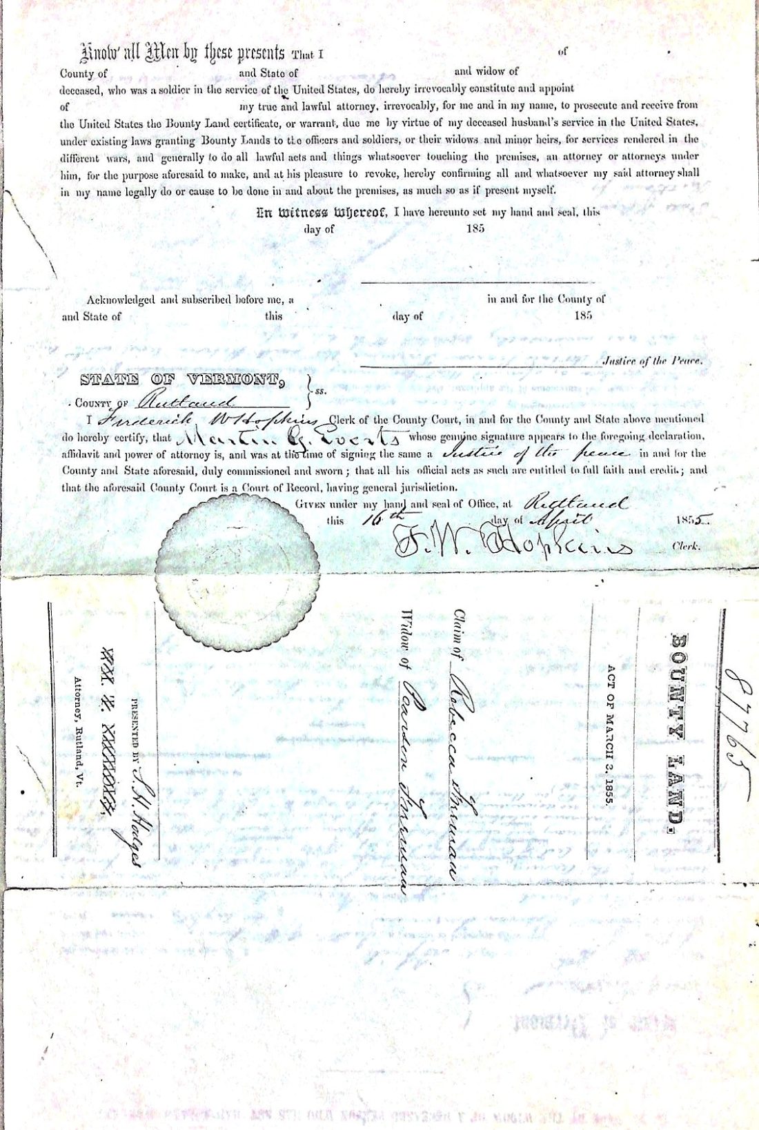 FREEMAN, Rebecca - widow petition for bounty land 1855 1